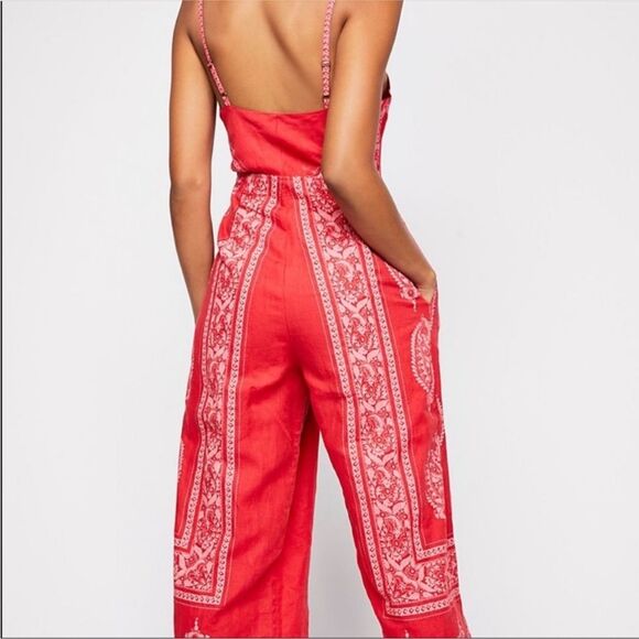 Free People | Pink Red Printed Strappy Jumpsuit OB793522 Sz 0 - Picture 6 of 16